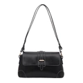 French vintage black shoulder bag with matte leather finish and golden metal buckle details - Black