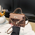 Vintage leopard print and brown leather handbag with metallic turn-lock closure - Brown