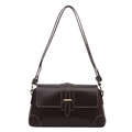 Deep brown leather shoulder bag with white contrast stitching and gold metal buckle - Dark Brown
