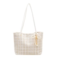 White tweed plaid tote bag featuring leather straps and a pearl bow charm detail - Single Bag / White