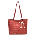 Red tweed tote bag with pearl bow pendant and gold chain tassels for women - Single Bag / Red