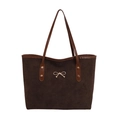 Minimalist dark brown suede tote bag with leather straps and golden bow hardware detail - Coffee