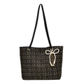 Classic black tweed tote bag with gold thread weaving and pearl bow charm accessory - Single Bag / Black