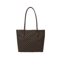 Classic vintage patterned tote bag with dark brown leather straps on white background - Brown
