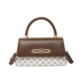 Retro contrast shoulder bag with vintage pattern and gold metal clasp in 45-degree view - White