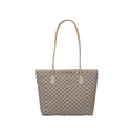 Classic monogram tote bag with brown vintage pattern and slim leather handles on white background - Khaki