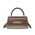 Vintage style bi-color crossbody bag with brown leather and geometric pattern fabric - Khaki