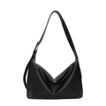 Minimalist black leather hobo bag with adjustable gold buckle and large capacity - Black