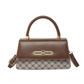 Retro patchwork crossbody bag with brown leather flap and geometric chain canvas pattern - Dark Brown