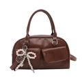 Vintage brown underarm bag with beaded bow pendant and dual front flap pockets - Brown