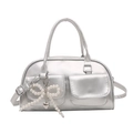 Silver metallic crossbody bowling bag with pearl bow pendant and dual front pockets - Silver