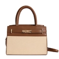 Damenhandtasche aus beigem Stroh und braunem Leder mit goldener Schnalle und Gurt - Braun