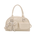 Elegant cream Boston handbag with pearl bow charm and adjustable strap for women - White
