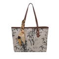 New Chinese Style Tote Bag mit Tusche-Bambusmuster und braunen Lederriemen - Gebrochenes Weiß