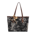 Schwarzer Canvas-Shopper mit Bambus-Stickerei, braunem Ledergriff und Seidenschal - Schwarz