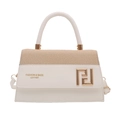 Chic white leather and brown woven crossbody bag with gold logo and top handle - White