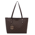 Große Shopper Tasche mit braunem Monogramm-Muster und goldenem M-Anhänger für Damen - Braun