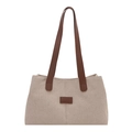 Bolso tote minimalista de lona beige con asas de cuero marrón y parche rectangular - Marrón