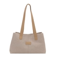 Bolso tote clásico con textura tejida y correas de cuero marrón en color gris - Caqui