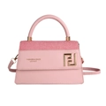 Pink leather handbag with red and white striped fabric trim and gold metal buckle - Pink