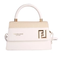 White leather and woven fabric crossbody bag with gold F logo and top handle - White