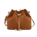 Brown suede bucket bag featuring elegant gold chain drawstring and decorative large pearls - Brown