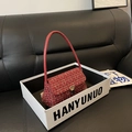 Minimalist red tweed texture handbag with gold snap and leather handle in a gift box - Red