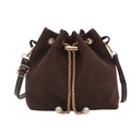 Dark brown suede bucket bag featuring gold drawstring chains and pearl decorations - Brown