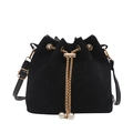Vintage black velvet bucket bag with drawstring closure and pearl chain shoulder strap - Black