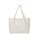 Bolso tote crema con bordados de ondas pastel y correas finas sobre fondo blanco - Blanco