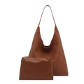 Brown woven hobo tote and small zipper pouch set with minimalist integrated shoulder strap - 2-Piece Set (Large Bag + Small Bag) / Tan