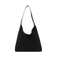 Minimalist black suede tote bag with a wide leather shoulder strap on white background - Black