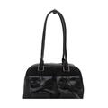 Minimalist black glossy shoulder bag with twin front pockets and decorative leather bows - Black