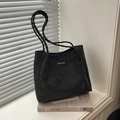 Minimalist black faux suede tote bag with woven handles and gold lettering details - No Pendant / Black
