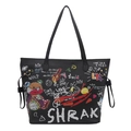Große schwarze Graffiti-Einkaufstasche mit Cartoon-Bär und Street-Art-Design für Damen - Schwarz