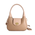 Elegante borsa beige con trama intrecciata, fibbia a U dorata e tracolla sottile - Cachi