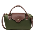 Army green nylon handbag with brown leather trim and gold button in classic dumpling style - Green