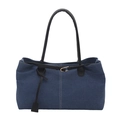 Minimalist blue denim tote bag with black leather straps and gold buckle detail - Blue