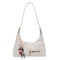 Minimalist white leather hobo shoulder bag with front zipper and cartoon charm accessory - White