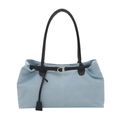 Blue denim tote bag with black leather handles and gold metal accents on white background - Light Blue
