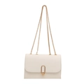 Minimalist beige crossbody bag with gold chain strap and oval metal buckle on white background - White
