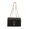 Minimalist black faux leather shoulder bag with gold chain strap and oval metal buckle - Black