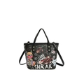 Black graffiti tote bag with colorful cartoon bear art and gold-tone hardware accents - Black