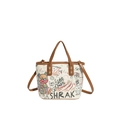 Graffiti printed cream tote bag with bear motif and brown straps for a stylish winter look - White