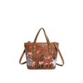 Brown graffiti tote bag with cartoon bear print, double handles and shoulder strap - Brown
