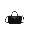 Black plush fleece dumpling bag with leather straps and adjustable shoulder strap - Black