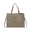 Borsa tote a scacchi beige con manici in pelle marrone per il pendolarismo quotidiano - Cachi