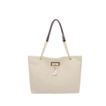 Retro cream woven tote bag with brown leather chain strap and gold deer pendant - Brown