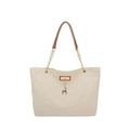 Retro cream woven shoulder bag with brown leather handles and golden chain strap detail - Yellow Brown
