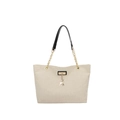 Off-white canvas tote bag with black leather trim, chain strap and deer charm - Black